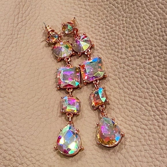 Rhinestone Statement Earrings Aurora Borealis VERY sparkly Spring Rose Gold Tone - Picture 11 of 16